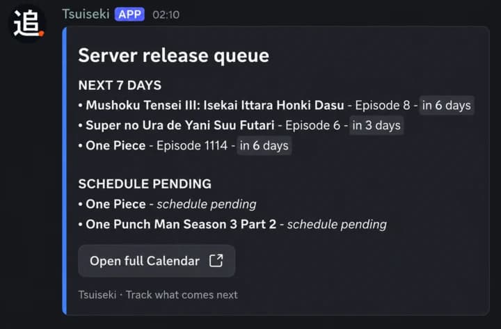 /list command output from the current Tsuiseki Discord bot