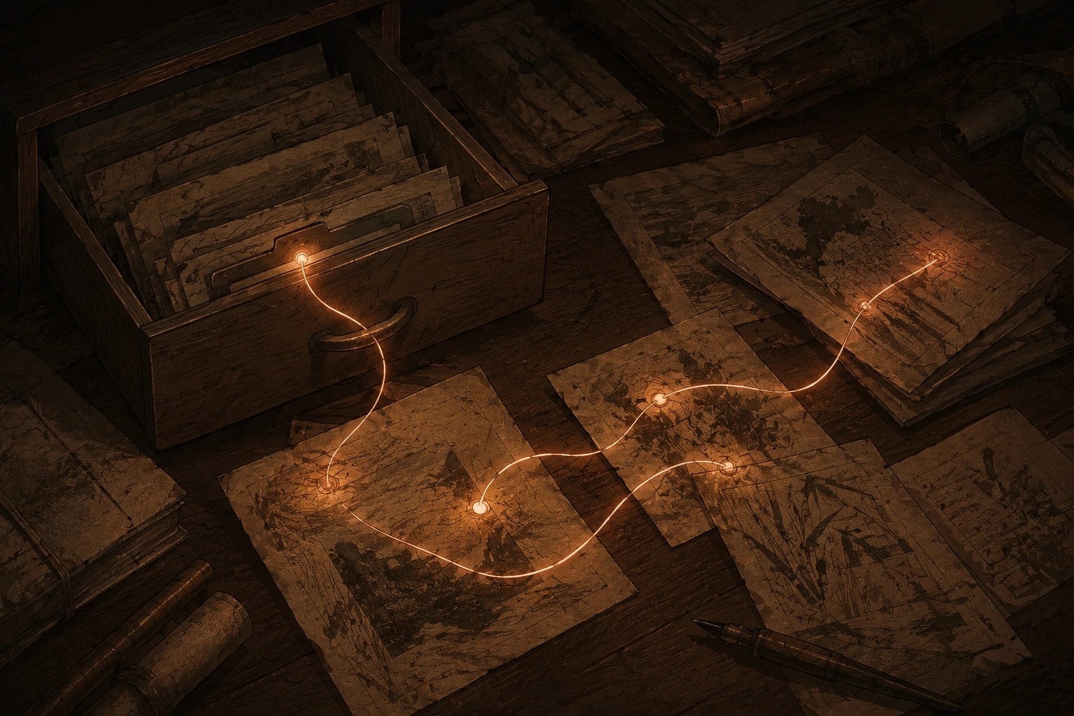 An archival drawer linked by a restrained vermillion thread, representing a saved path back to a familiar archive view.