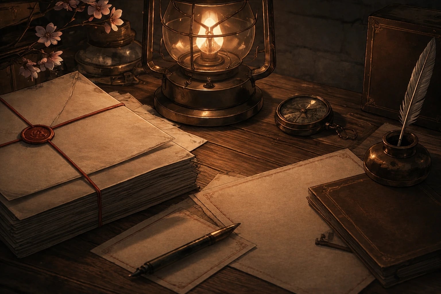 A sealed archival envelope beside a warm lantern and a subtle vermillion wax mark.