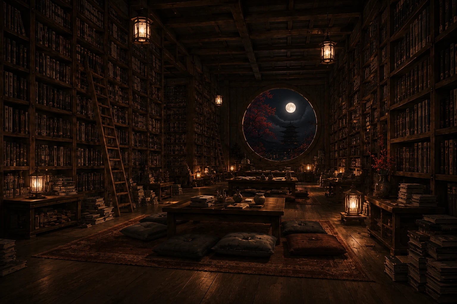 A tall moonlit archive room with orderly shelves extending into the distance.